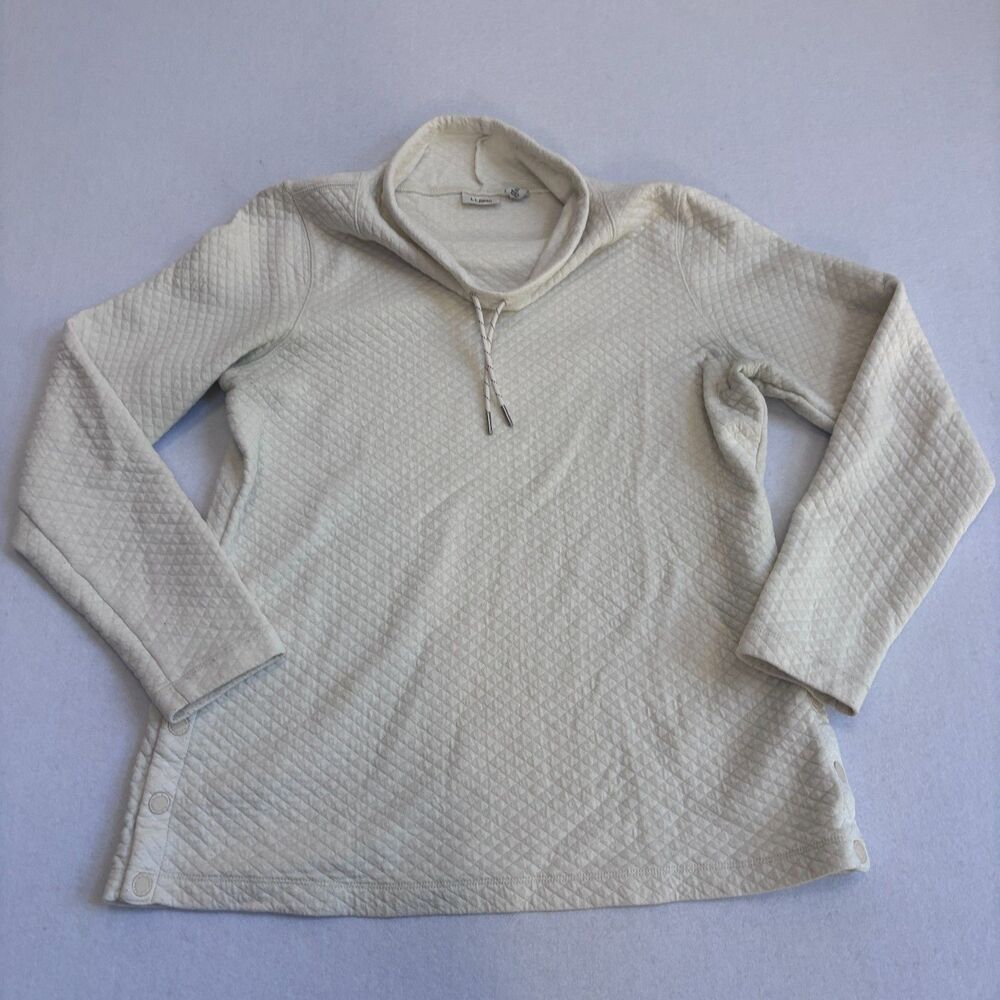 L.L. Bean Quilted Cowl Neck Pullover Womens M Ivory Cream Snap Hem 513186 Camp